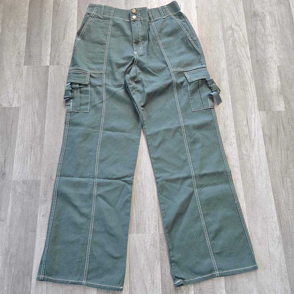 Utility Contrast Stitch Cargo Pants Green Streetwear Gorpcore Wide Leg 30x31